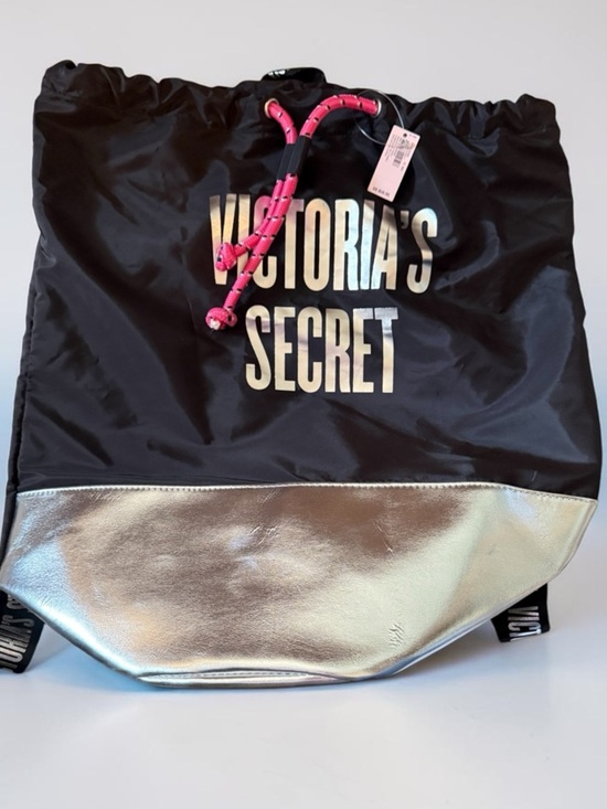 Victoria's Secret Handbags - NWT Victoria's Secret Black Backpack with Silver Base and Pink Cord